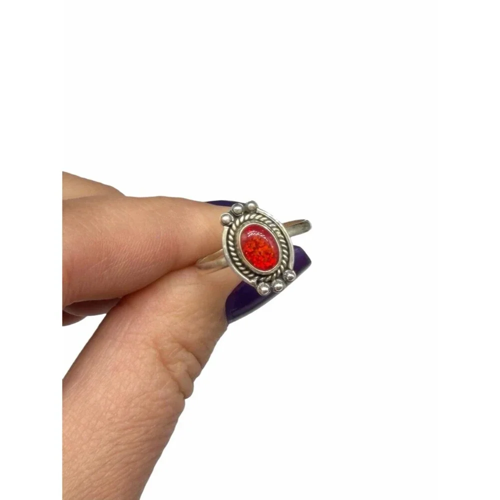 Australian Fire Opal Ring Size 7.5 Solid 925 Sterling Silver Red Orange